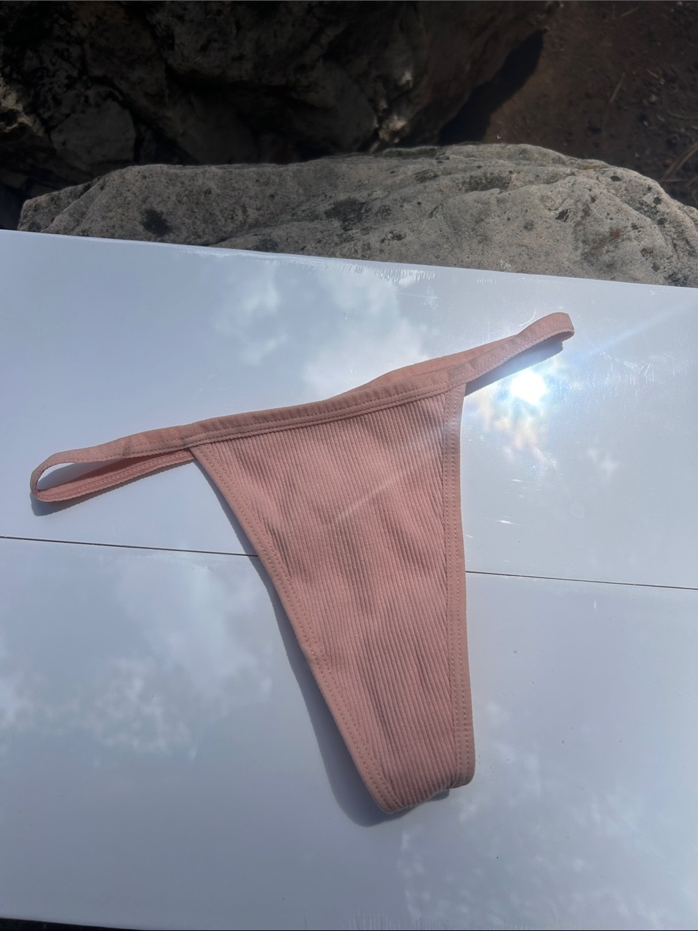 Ribbed Cotton-Blend Thong Panty in Dusty Pink - XS